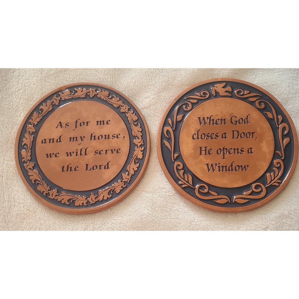 Frankoma Pottery Trivet Pair Religious Quotes Terracotta Clay Wall Decor USA